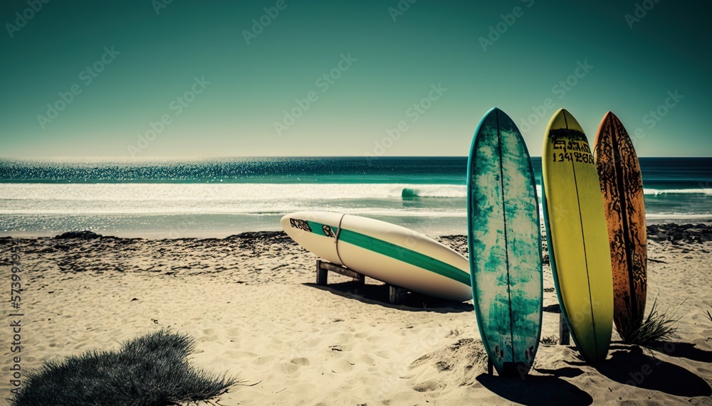  three surfboards are sitting on the sand near the ocean.  generative ai