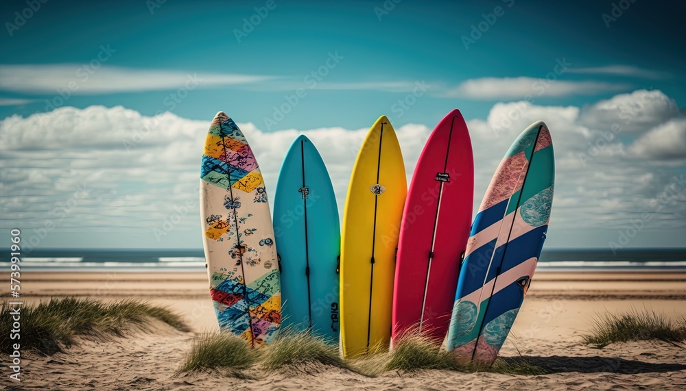  a group of surfboards sitting on top of a sandy beach.  generative ai