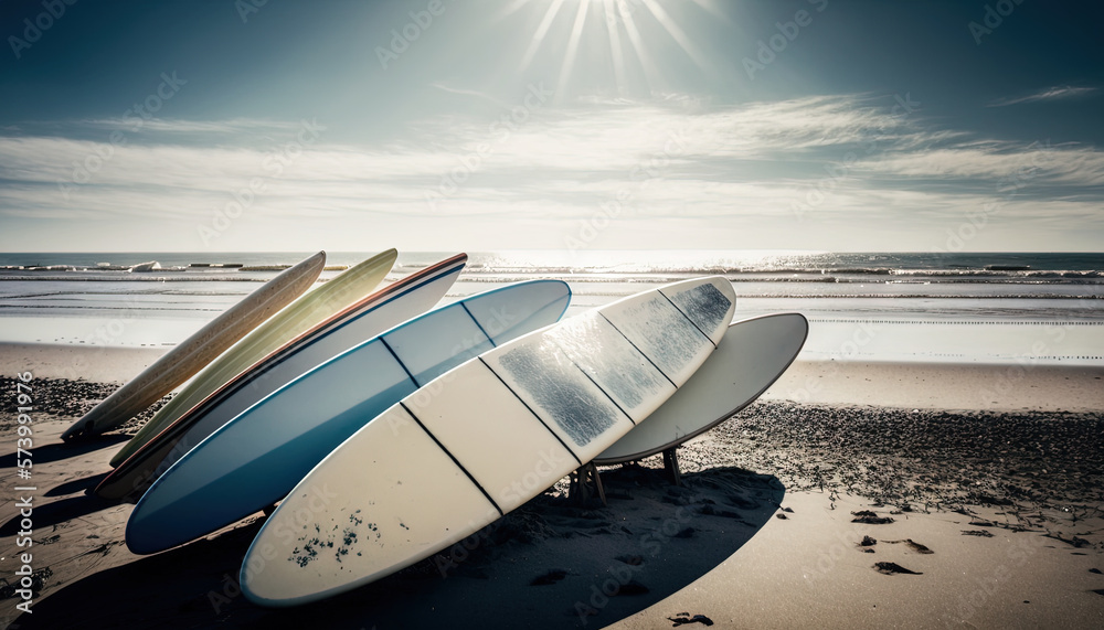  a couple of surfboards that are on a beach near the water.  generative ai