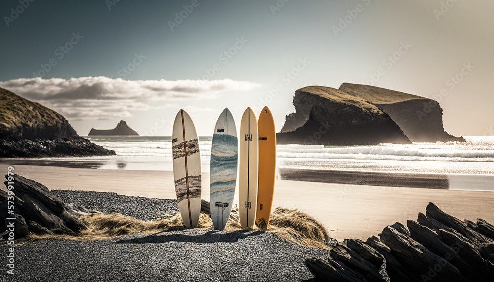  a group of surfboards sitting on top of a sandy beach.  generative ai