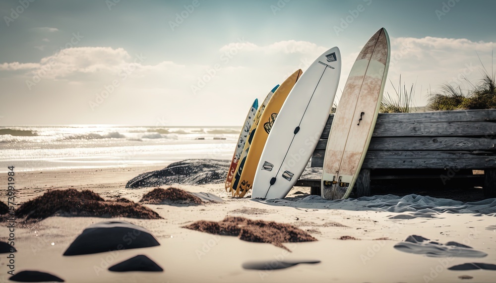  two surfboards leaning against a wooden bench on the beach.  generative ai