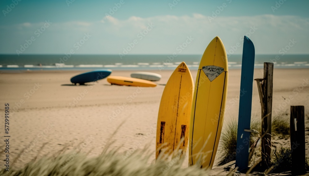  a group of surfboards sitting on top of a sandy beach.  generative ai