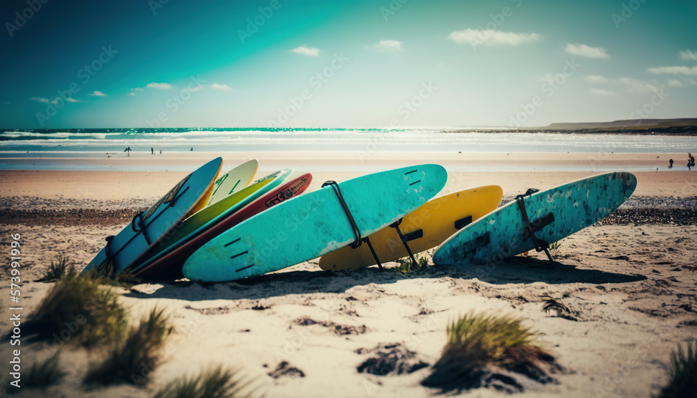  a group of surfboards sitting on top of a sandy beach.  generative ai