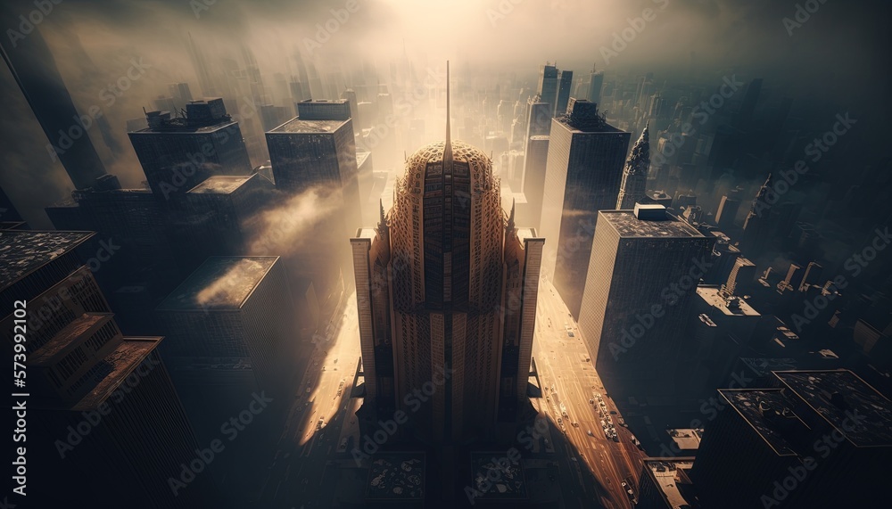  a very tall building surrounded by fog and foggy skies.  generative ai