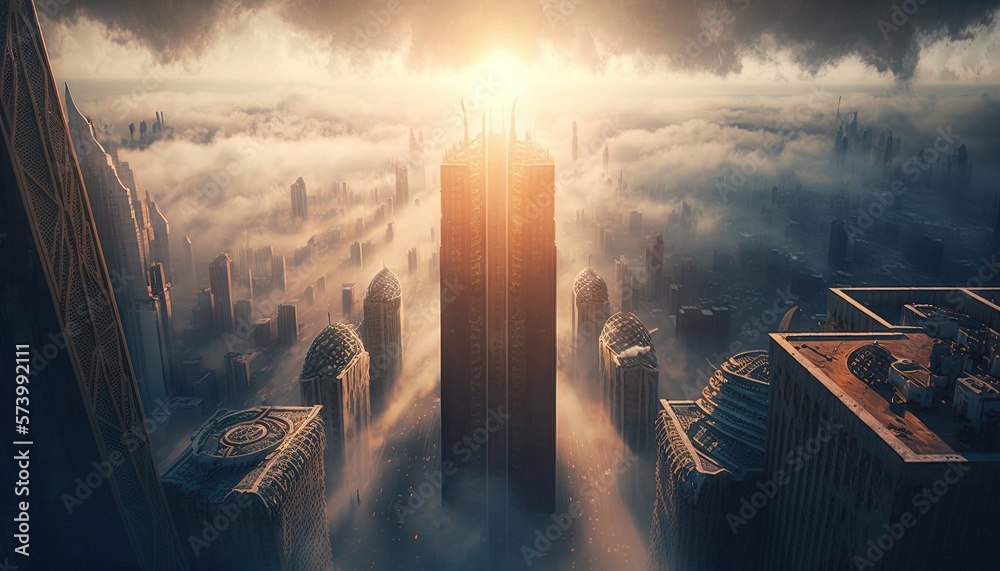  a picture of a city in the sky with a sun shining through the clouds.  generative ai