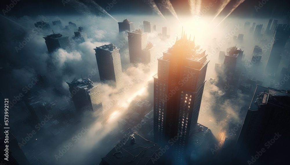  a city in the clouds with a bright light coming out of it.  generative ai