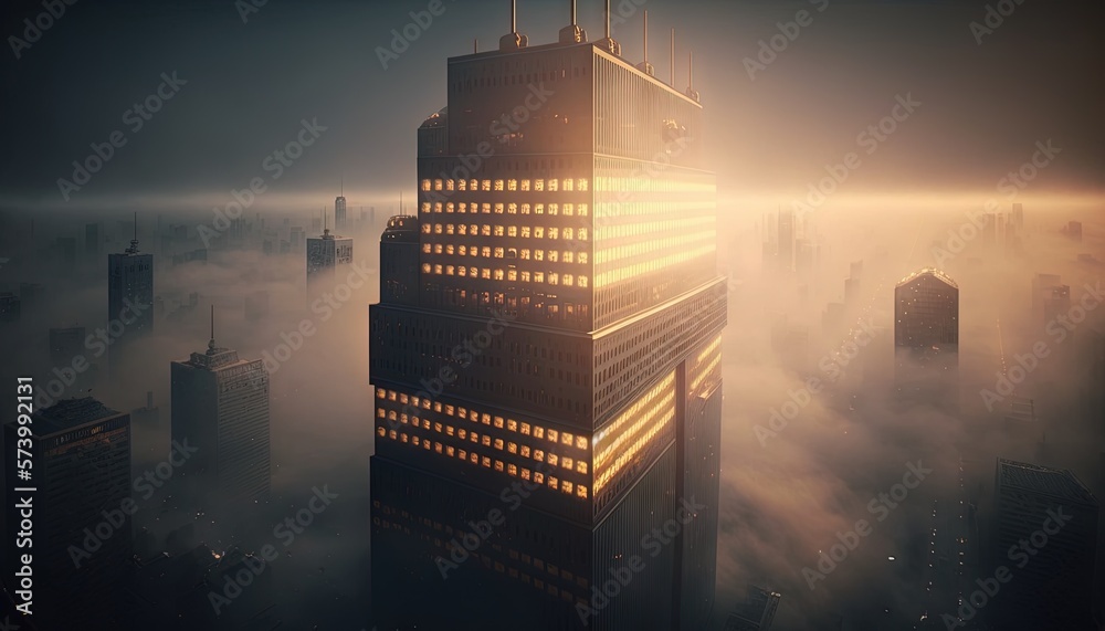  a very tall building in the middle of a foggy city.  generative ai