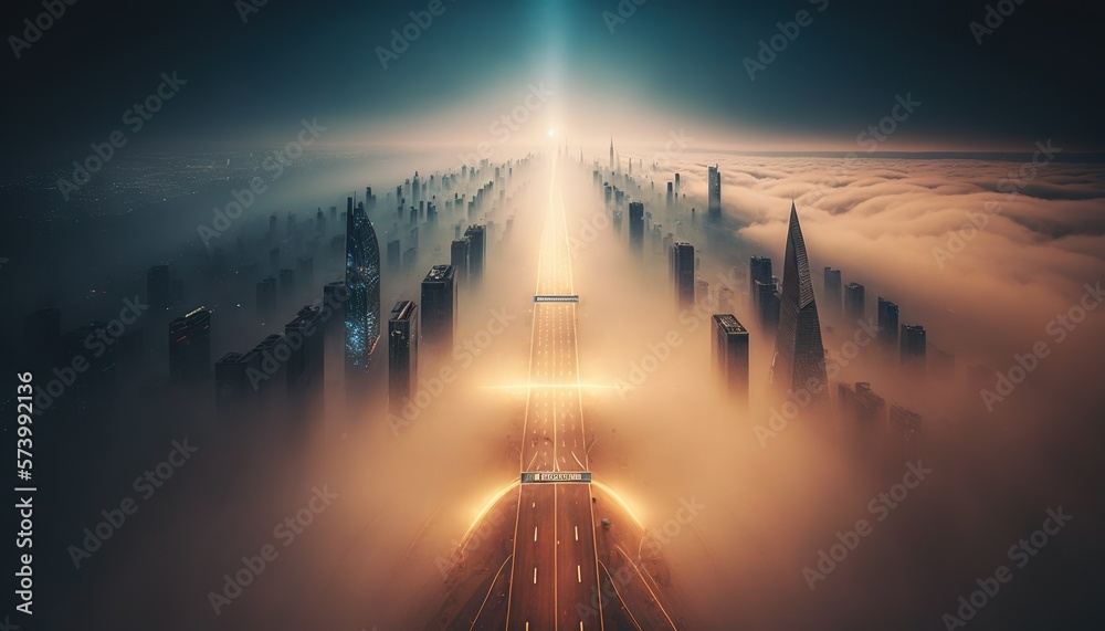  a city in the middle of a foggy sky with a bright beam.  generative ai