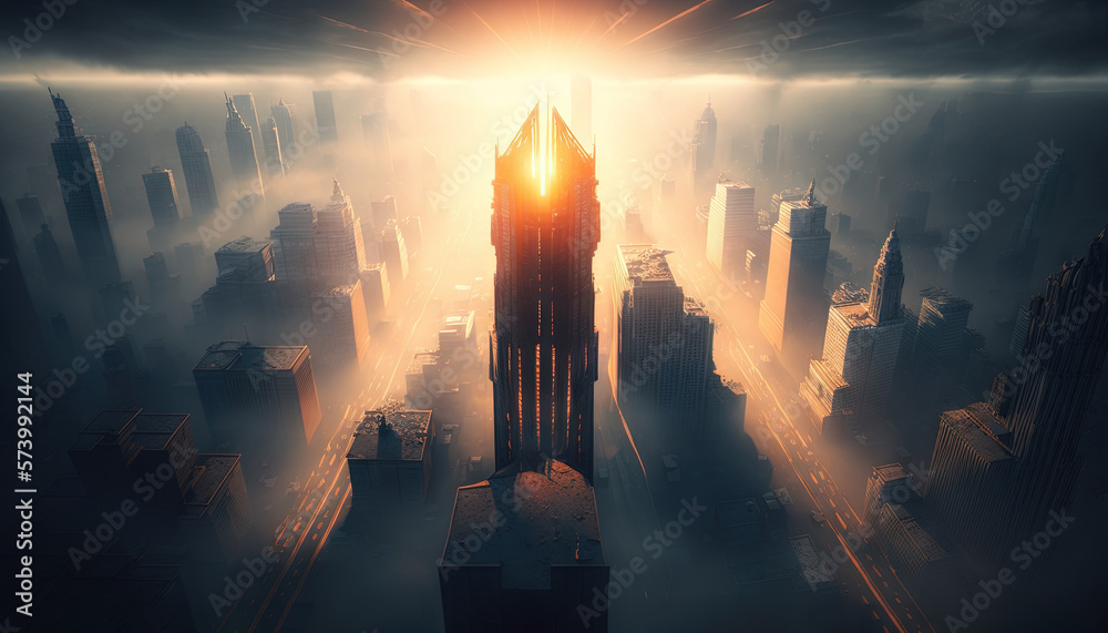  a futuristic cityscape with a bright sun in the background.  generative ai