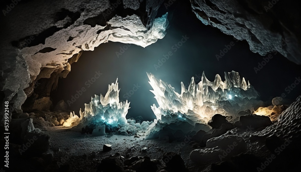  a cave filled with lots of ice and light coming from it.  generative ai