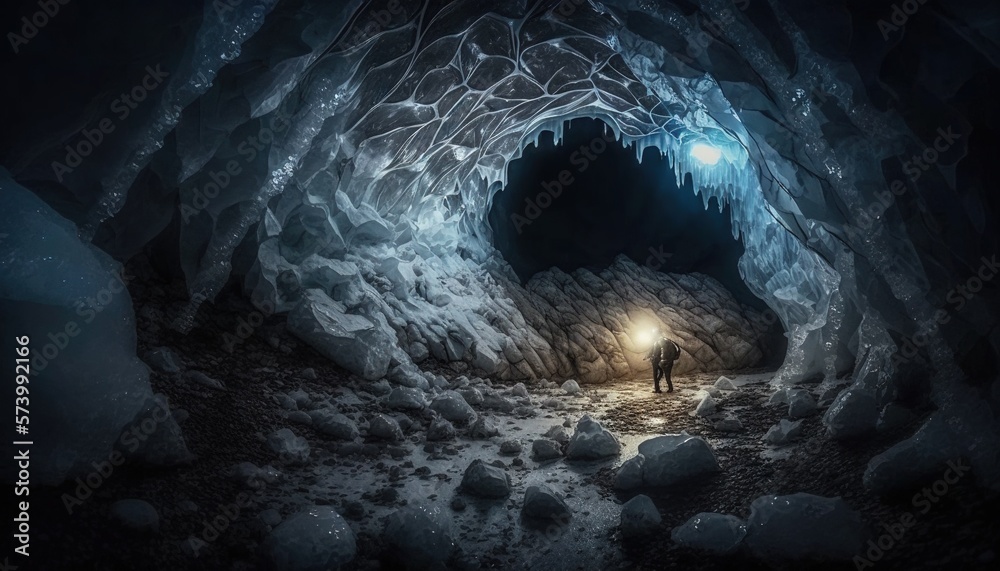  a man standing in a cave with a light at the end.  generative ai