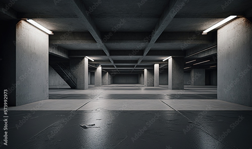  an empty parking garage filled with lots of lights and concrete floors.  generative ai