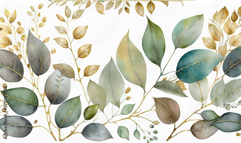  a watercolor painting of leaves and branches on a white background.  generative ai