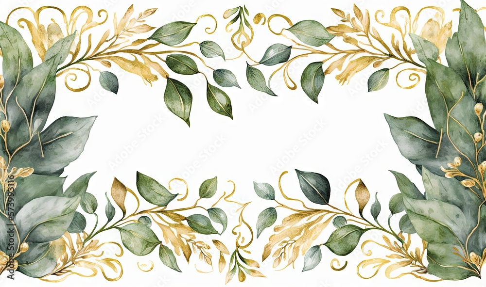  a watercolor painting of green leaves and gold swirls.  generative ai