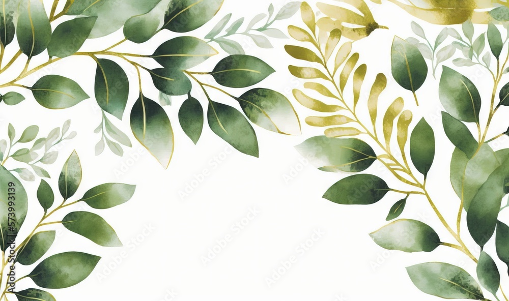  a watercolor painting of green leaves on a white background.  generative ai