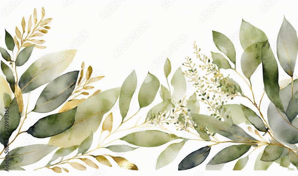  a watercolor painting of green leaves and branches on a white background.  generative ai