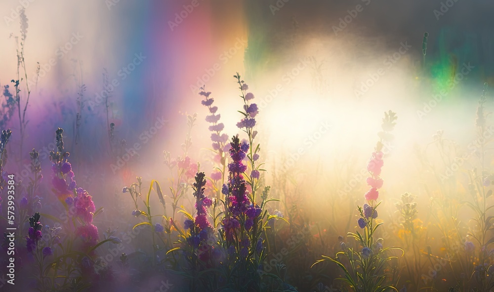  a field of wildflowers with a rainbow in the background.  generative ai