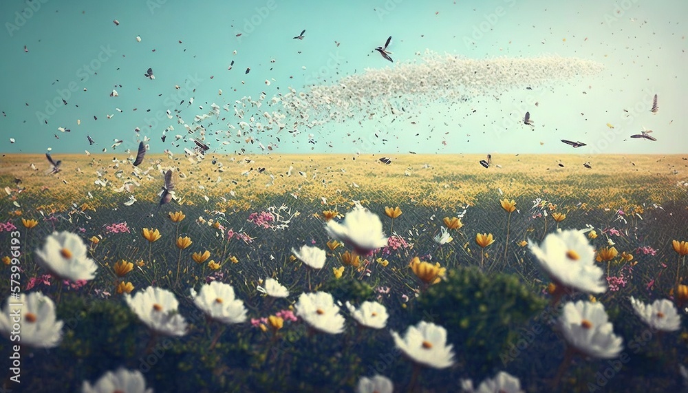  a field full of white flowers with birds flying over it and a blue sky in the background with a few