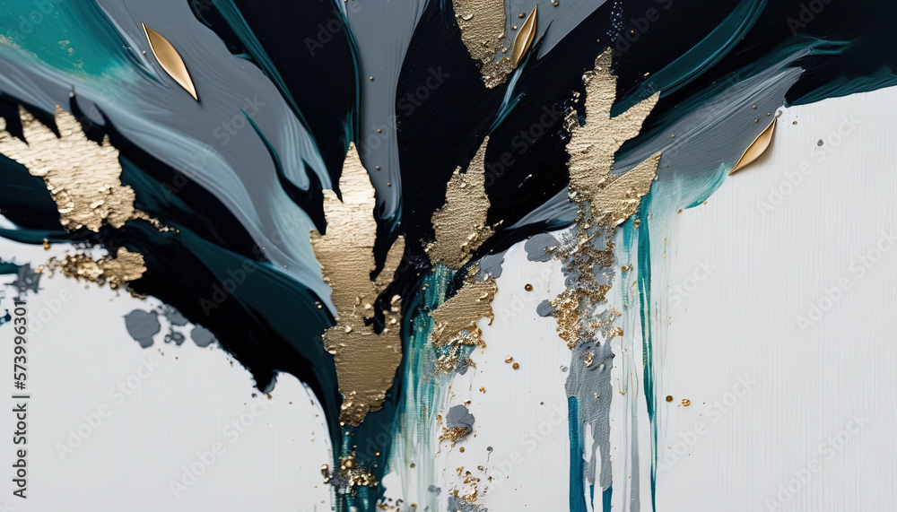  a close up of a piece of art with gold and blue paint on its edges and a black and gold leaf desig