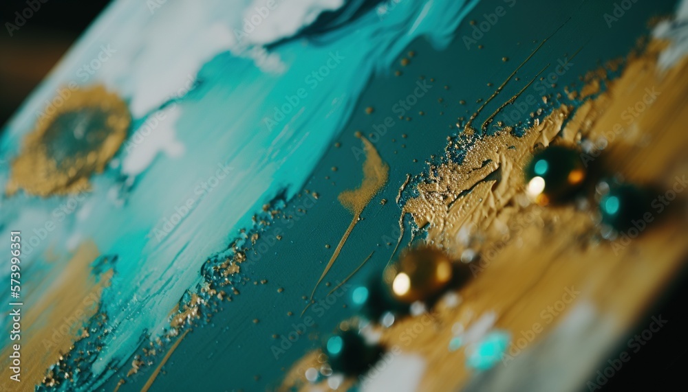  a close up of a blue and gold painting with beads on the bottom of the paint and the bottom of the 