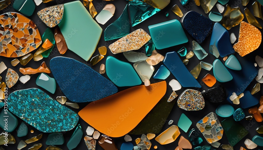  a close up of a bunch of different colored pieces of glass and gravel on a black surface with a whi