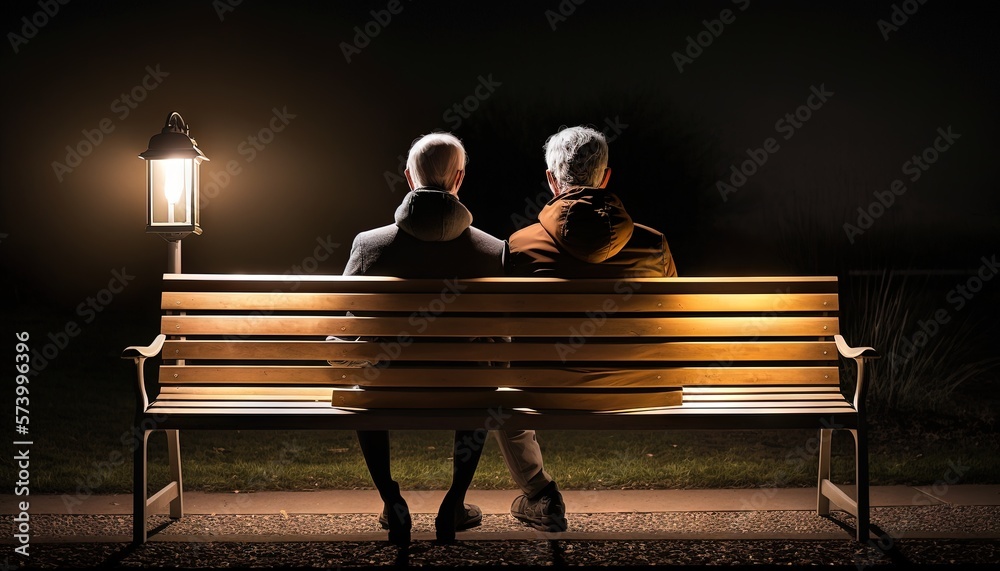  two people sitting on a bench looking at a street light at night with a lantern on the side of the 