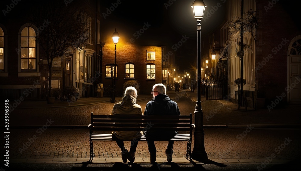  two people sitting on a bench at night in front of a street light and a lamp post on a street light