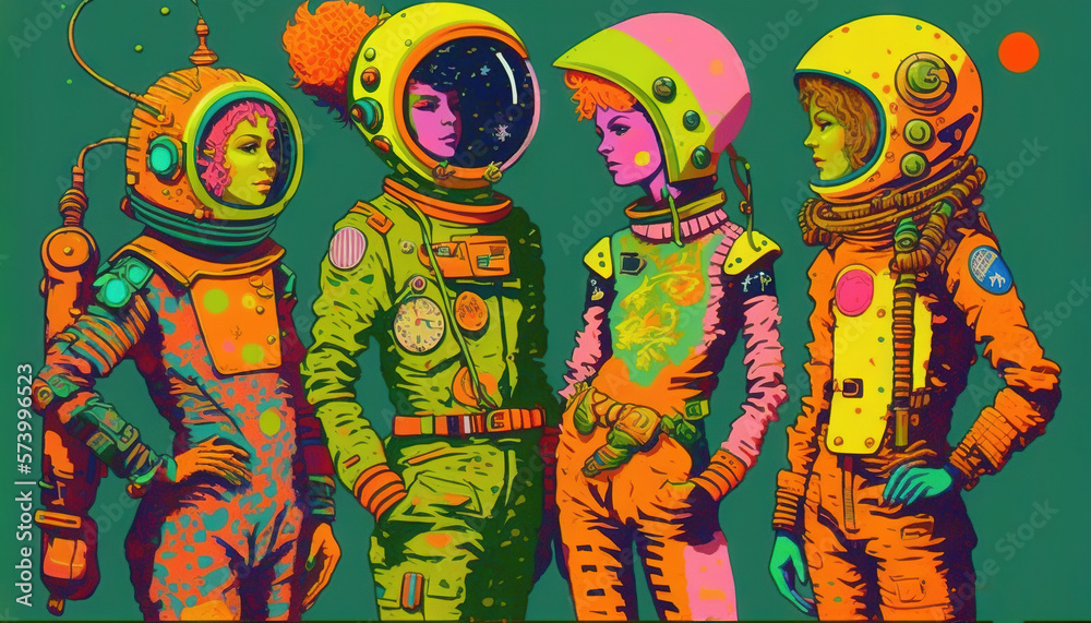  a group of people in space suits standing next to each other in front of a green background with th