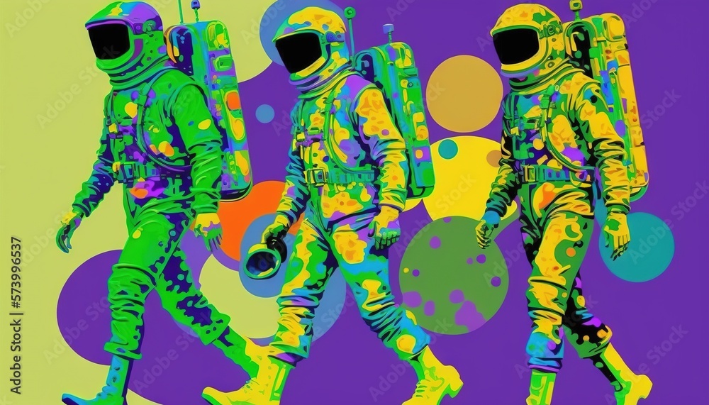  a group of people in space suits walking across a colorful field of circles with a planet in the ba