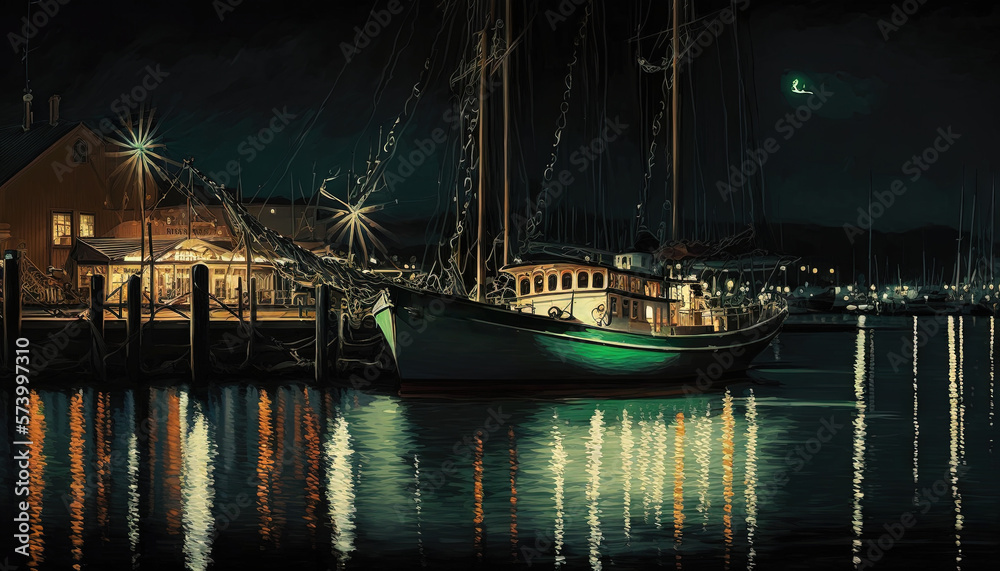  a boat is docked at a pier at night time with lights reflecting off of the water and a building in 