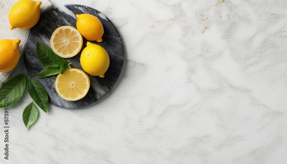  a marble plate with lemons and leaves on a marble table top with a white towel and a white towel on