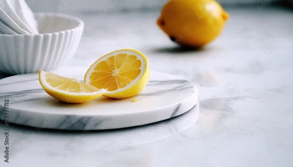  a marble plate topped with a sliced lemon next to a bowl of lemons on a marble counter top next to 