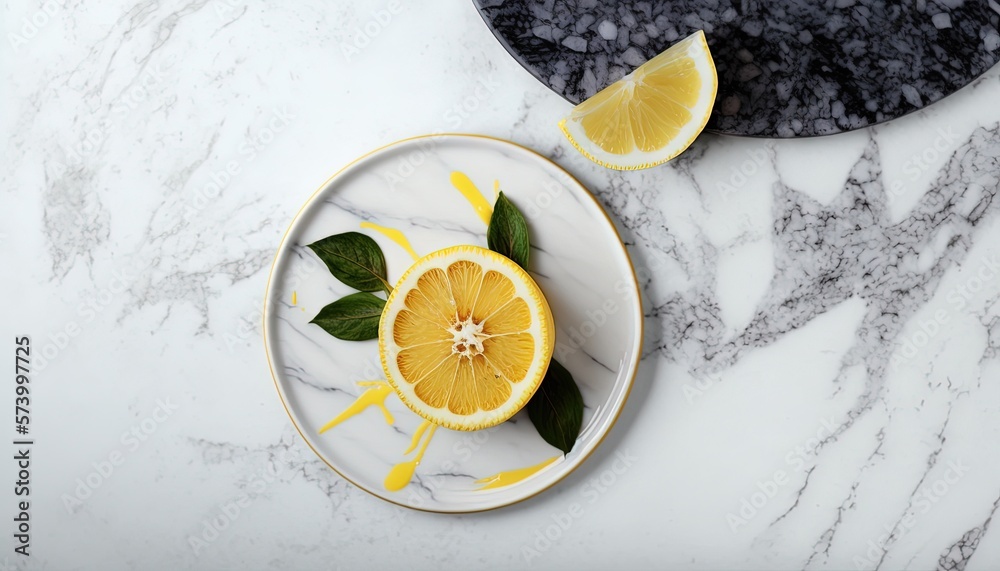  a white plate topped with sliced lemons on top of a marble counter top next to a black plate with a