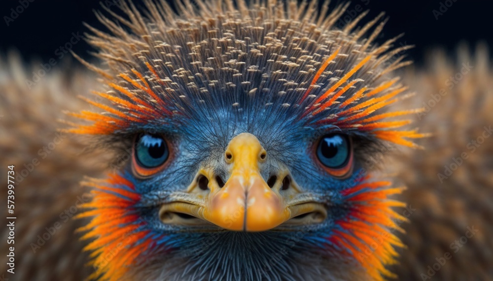  a close up of an ostrichs head with orange, blue, and yellow feathers on its head and a black bac