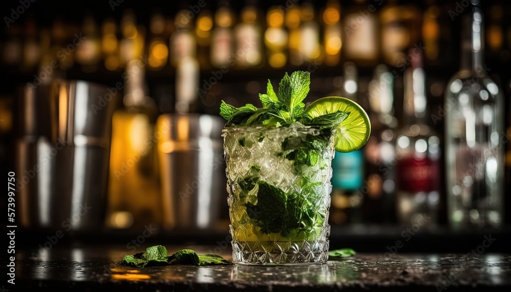  a mojito cocktail with a lime and mint garnish on a bar with liquor bottles in the backgrouns of th