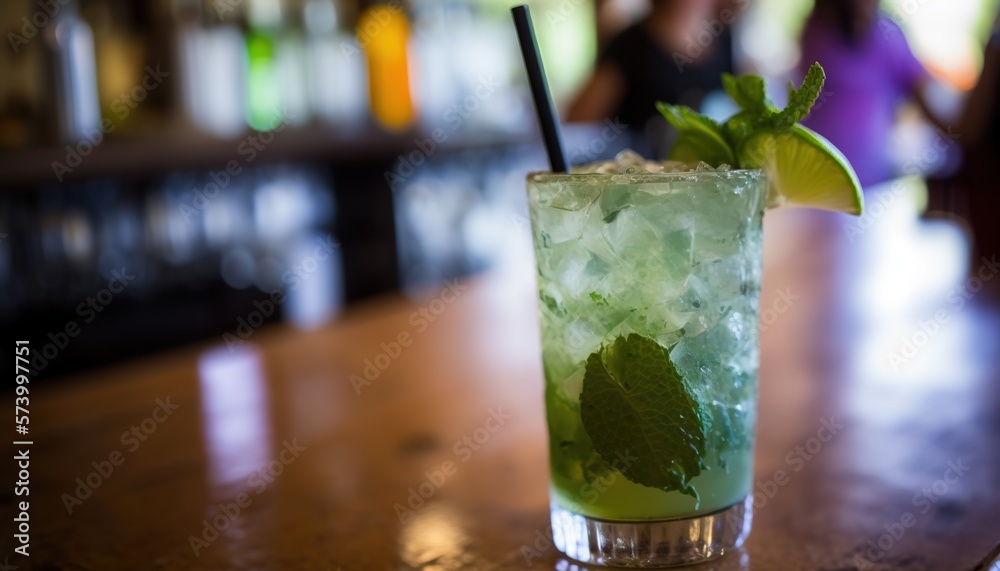  a close up of a drink on a table with a person in the background behind the glass and a woman in th