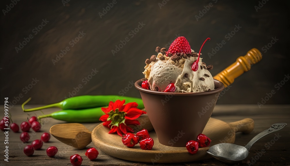  a bowl of ice cream with strawberries and cherries on a wooden table with a spoon and a pepper shak