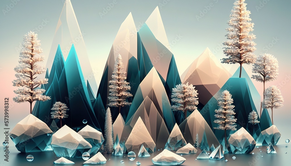  a digital painting of a mountain landscape with trees and ice crystals in the foreground and a pink