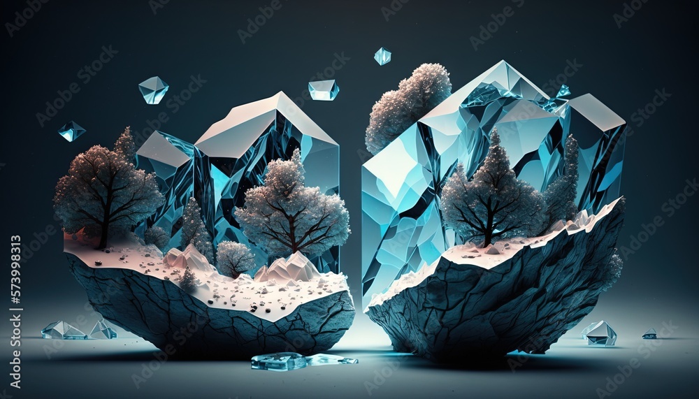  a blue crystal sculpture with trees on its sides and ice crystals on the bottom of it, with a dark