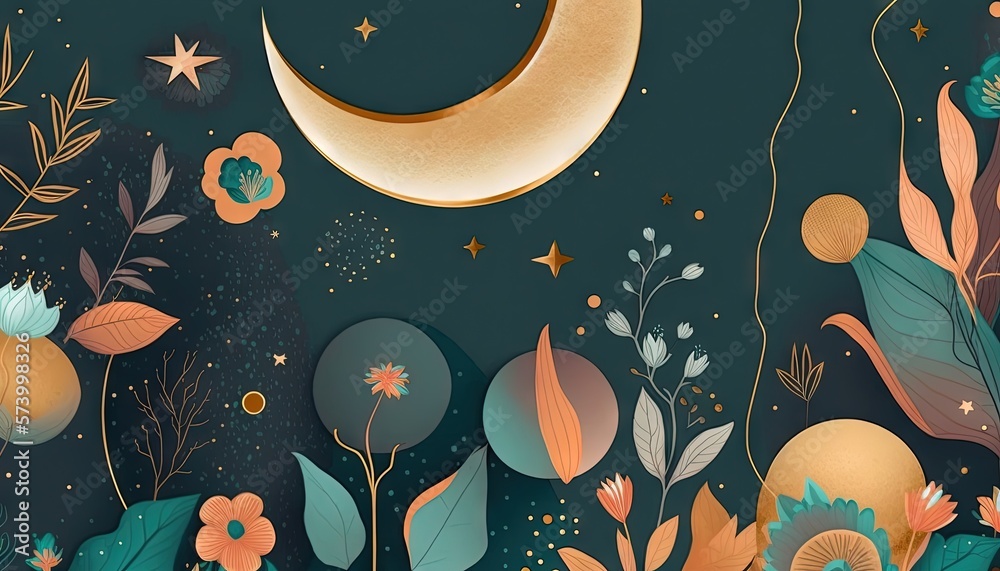  a night scene with a crescent, stars, and flowers on a green background with a gold moon and stars 