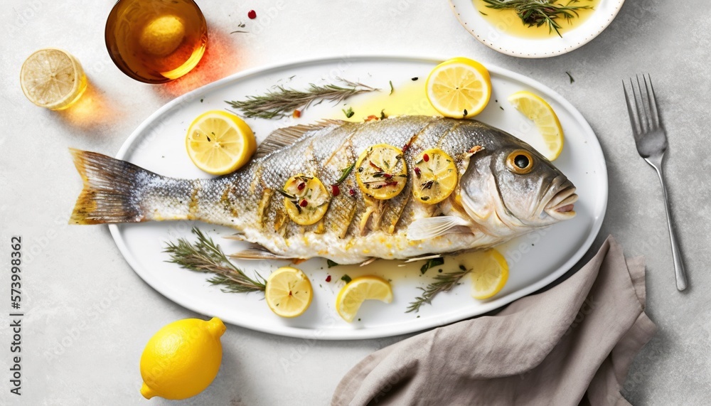  a fish with lemons and herbs on a white plate with a fork and a cup of tea on a table next to a pla