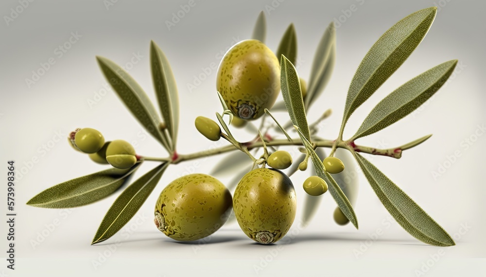  a branch with olives and leaves on a white background with a light reflection on the ground and a l