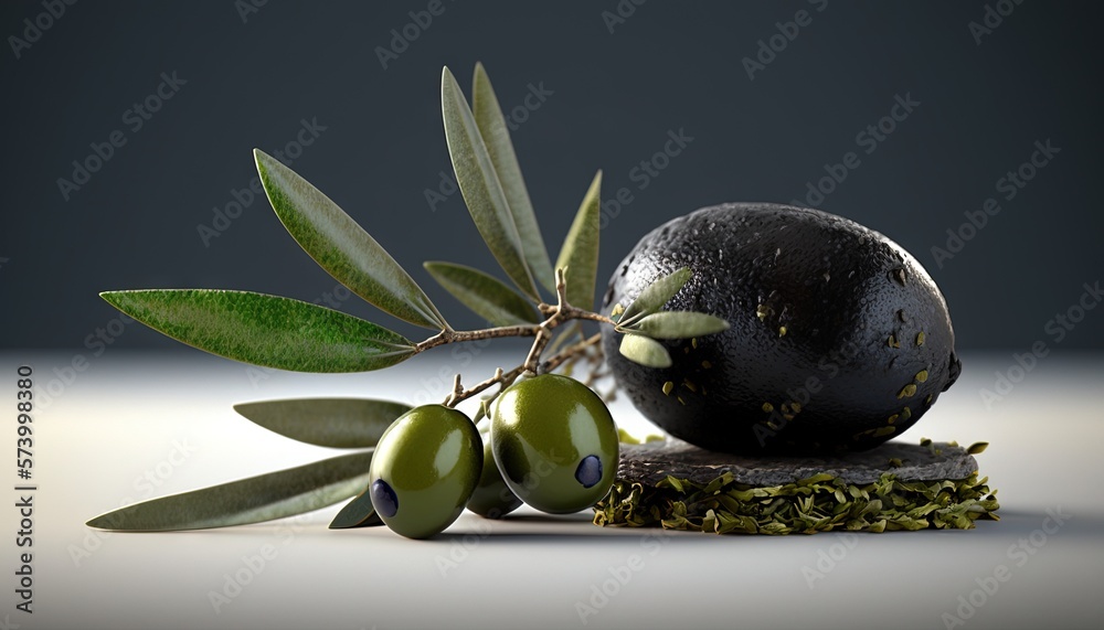  an olive branch with some green olives and a black ball on a white surface with a black background 