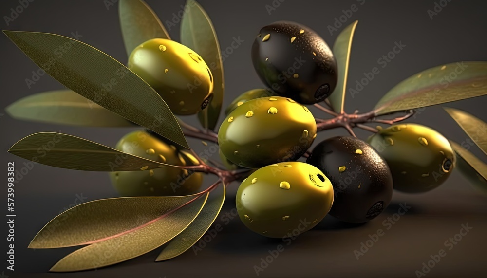  an olive branch with olives and leaves on a dark background with water droplets on the leaves and t