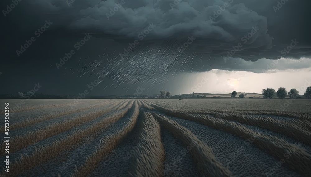  a storm is coming over a field with trees in the distance and a sky filled with rain and clouds ove