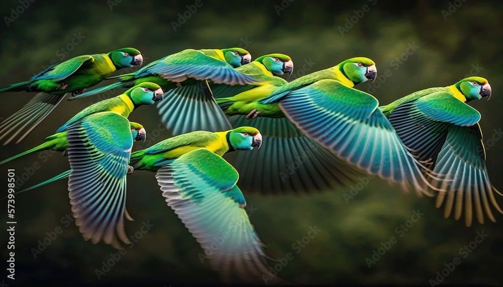  a group of green and yellow parrots flying in the air with their wings spread out and their beaks e