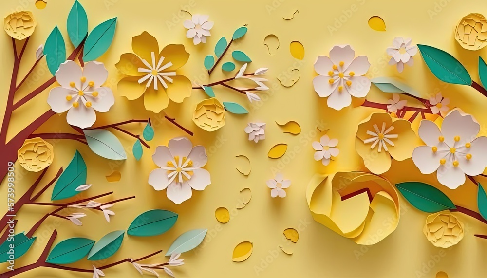  a paper cut of flowers and leaves on a yellow background with drops of water on the ground and a tr