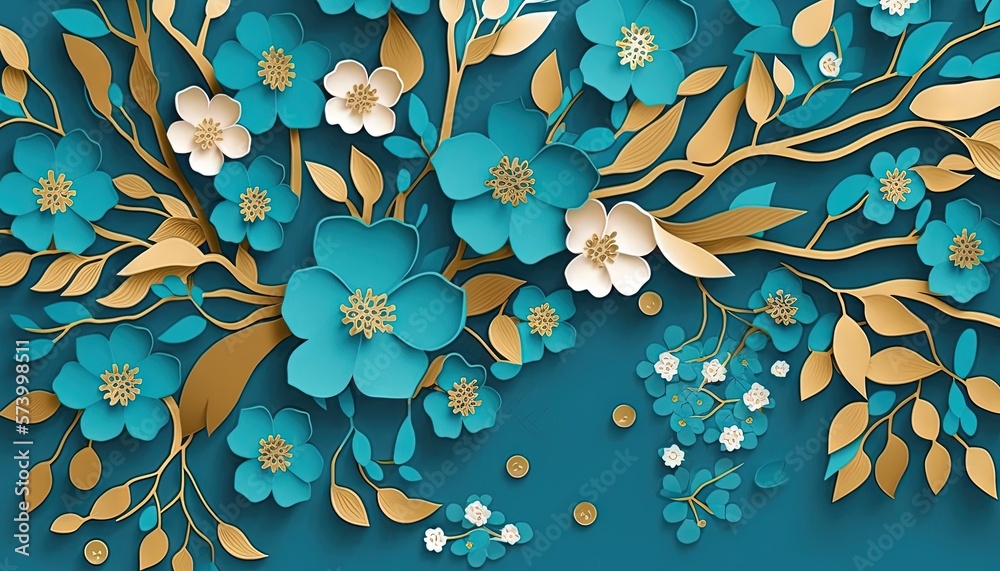  a blue and gold floral background with gold leaves and flowers on a teal blue background with gold 