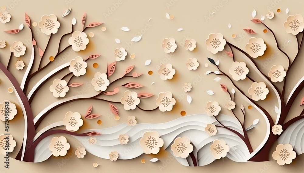  a paper cut of a tree with flowers and leaves on a beige background with a wave of water in the mid