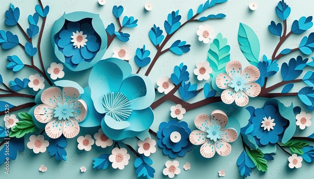  a paper cut of flowers and leaves on a blue background with white and pink flowers on the branches 